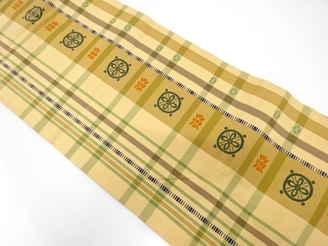 変わり格子に花模様織り出し　名古屋帯